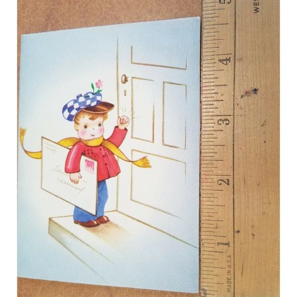 Vintage Greeting Card Thinking of You Delivery Boy Checkered Cap Letter Unused - Picture 4 of 7
